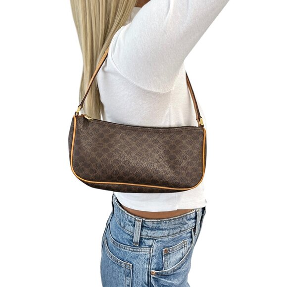 CELINE Vintage Macadam Logo Monogram Pochette Shoulder Bag Brown Gold [105050] - Picture 1 of 13